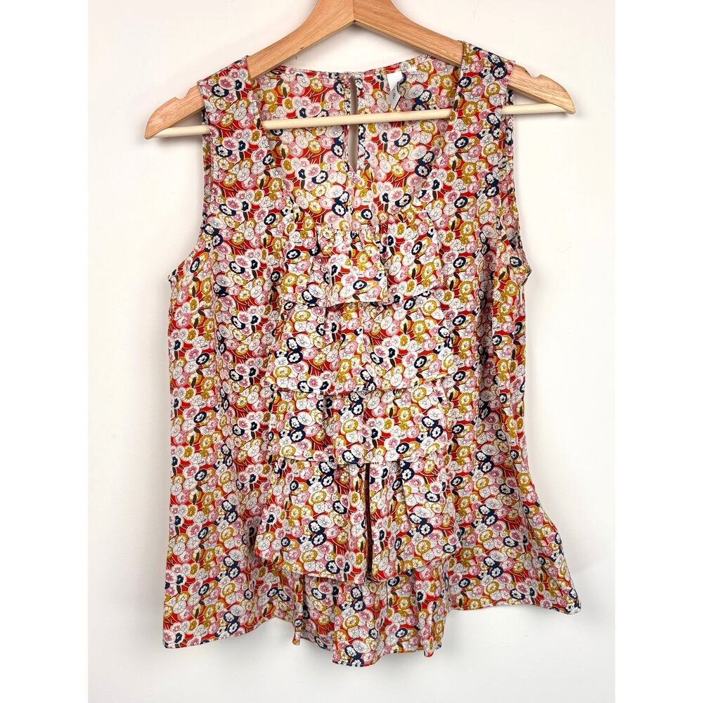 🌸 Sine (Anthropologie) Silk Ruffle Front Blouse | Size 6 | Red Floral